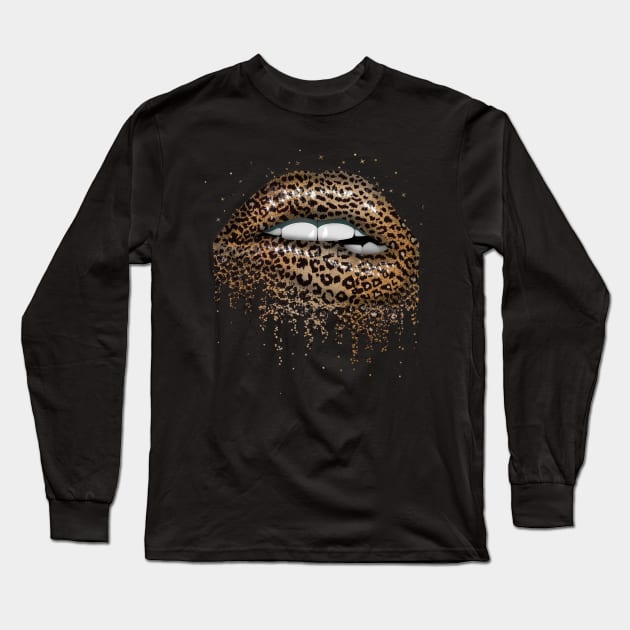 s Cool Lips Bite Kiss Me Leopard Print Cheetah Long Sleeve T-Shirt by fatmehedo8